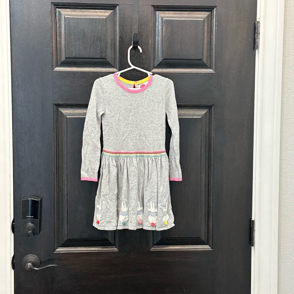 Mini Boden Grey Knit Dress with Pink Trim and Rainbow Accents 3-4 years